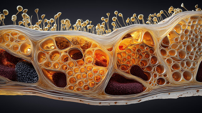3D Macro Plant Cell Wall Cross-Section Showing Cellulose Microfibrils Primary Secondary Wall and Plasmodesmata in Amber Tones on Dark Background, Botany Materials Science Stock Image