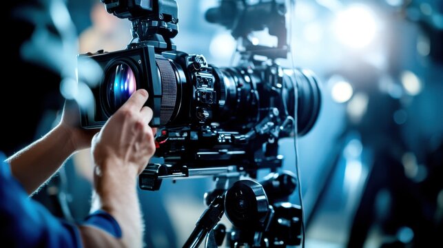 Camera operator adjusting professional video camera on tripod