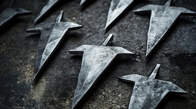 Arrowheads of steel displayed on a rough stone surface