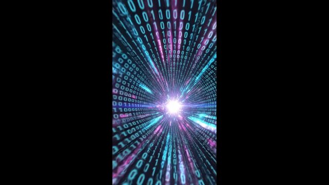 Vibrant digital tunnel with pink and blue binary code streaming towards a bright white light