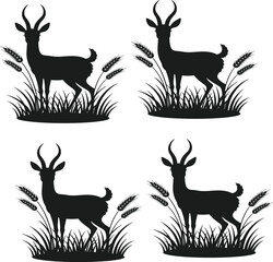Naklejka premium Deer Silhouette Collection with Antler Stag Standing in Grass for Wildlife Nature Scene, Rustic Forest Animal Vector Illustration Set