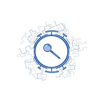 Magnifier icon in round frame with lightning electric discharges. Magnifying glass.