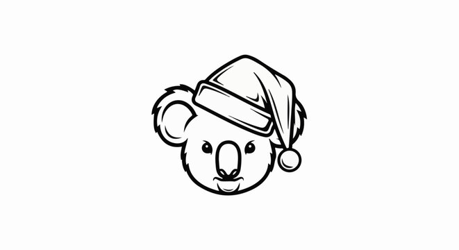 Stylized black and white line drawing of a koala head wearing a Santa hat