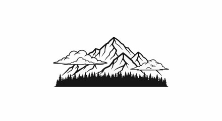 Naklejka premium Stylized black and white mountain range with clouds and trees
