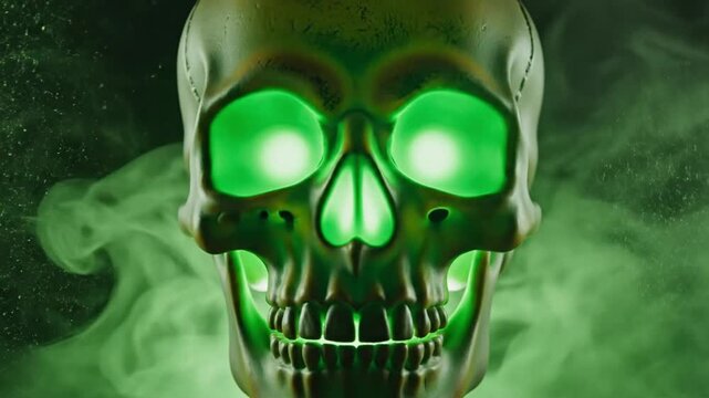 Human skull with glowing green eyes and swirling smoke background for halloween themes and dark fantasy concept art projects and mystery displays