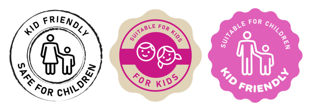 Set of kid friendly and safe for children badges and stamps with parent and child icon for product packaging or service label certification in black white and pink colors for marketing and branding