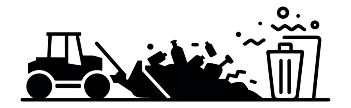 A black silhouette of a tractor dumping trash into a bin outdoors
