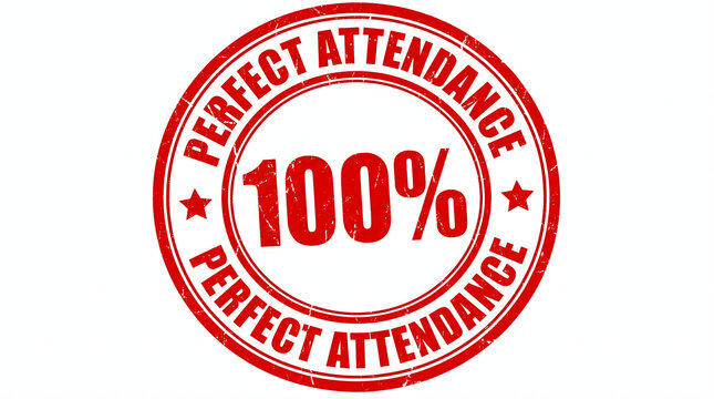 A red stamp with 100 percent perfect attendance on a white background