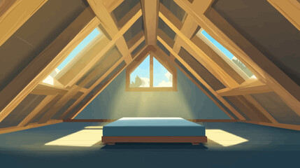 Illustration of a wooden attic space with a bed, lit by sunlight streaming through the windows © lestari