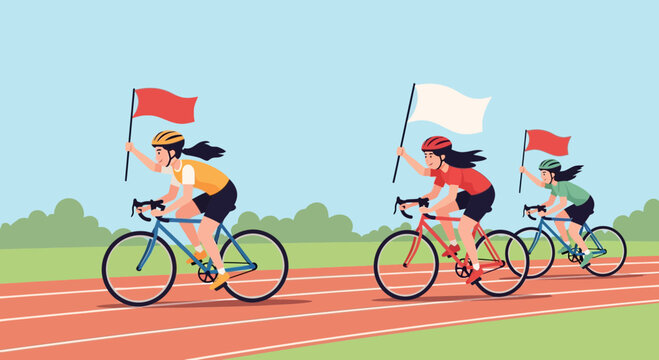 Cyclists race on a track while holding flags in a competition during a sunny day in a park