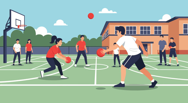 Students play dodgeball on a school playground during a sunny day with clear skies and green trees nearby