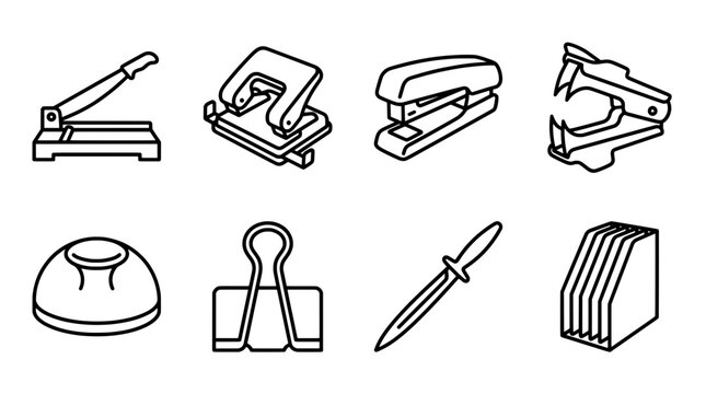 Office supplies collection cutter hole punch stapler paper vector illustration