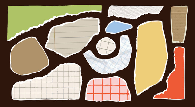 Torn paper pieces. Ripped papers with rough edges. Different materials, shapes, fragments. Collage, sticker note, reminder, banner concept. Hand drawn Vector illustration. Isolated design elements 