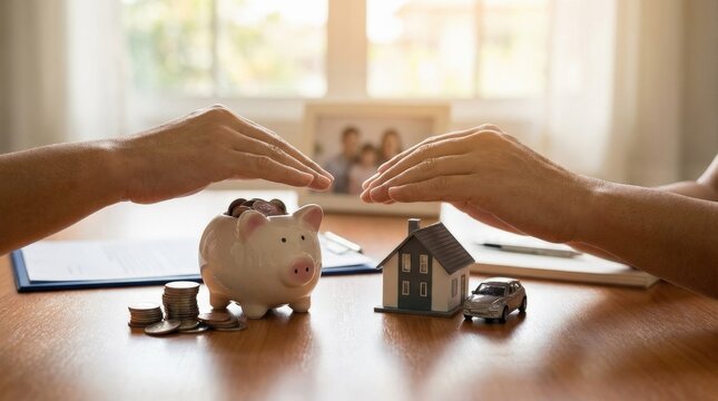 Hands protecting house and car models beside a piggy bank and savings coins, symbolizing insurance planning, personal finance and long-term wealth management, soft balanced light and secure