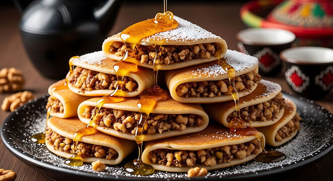 Traditional Qatayef pancakes filled with walnuts and honey, Middle Eastern Ramadan dessert with powdered sugar, sweet Arabic pastry on dark plate