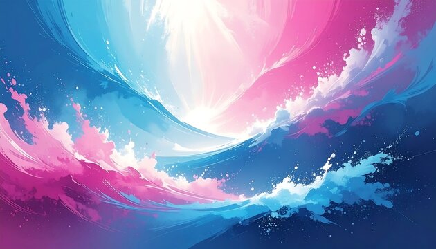 An abstract, digital illustration featuring swirling blue and pink clouds with rays of sunlight breaking through, evoking a celestial atmosphere