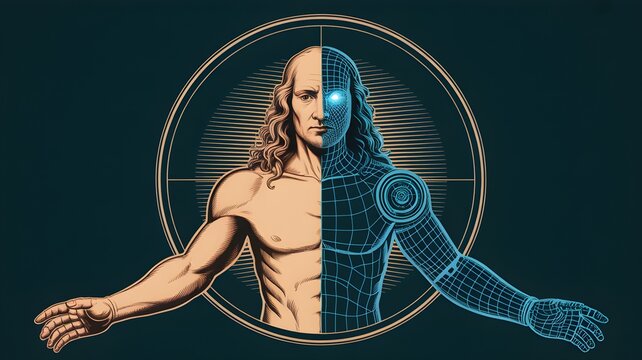 Half-human half-cyborg figure with anatomical and circuit overlay symbolizing human enhancement and evolution toward posthuman identity.