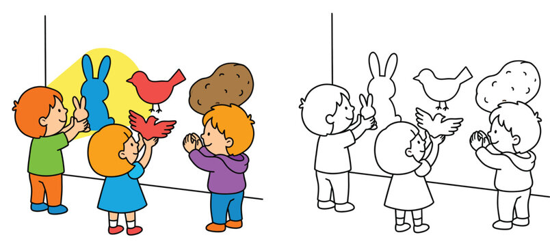 Children Playing with Hand Shadow Puppets on Wall Vector Illustration and Line Art Coloring Page for Kids Activity and Education