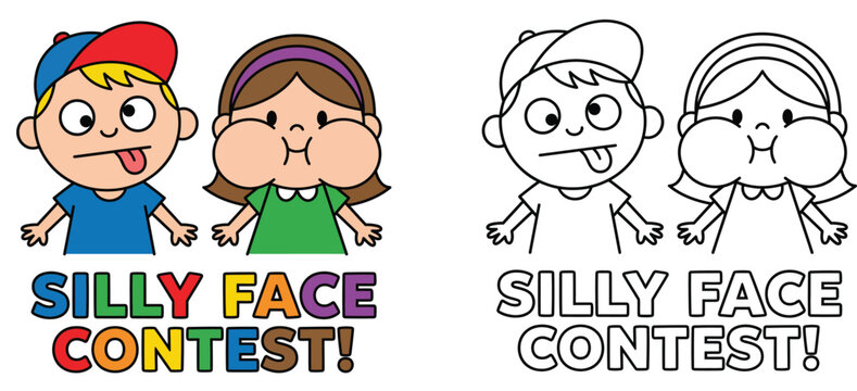 Silly Face Contest Vector Illustration and Line Art Coloring Page Featuring Cute Boy and Girl Making Funny Faces for Kids Activity