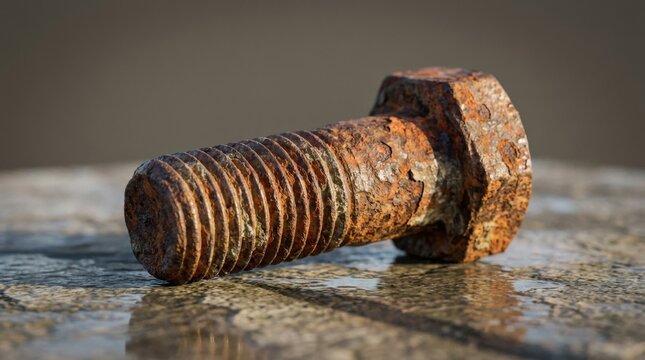 A single rusted bolt in macro close-up, pitted metal, oxidized edges and worn threading, minimalist composition with reflective contemplative light, ultra-realistic, no logos.