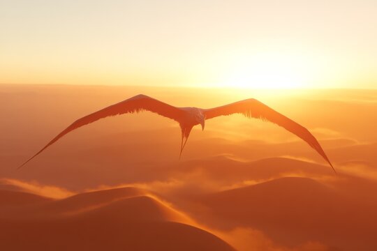Majestic roc soaring over golden desert at sunset