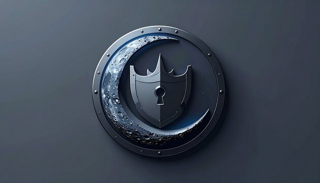3D metallic vault emblem with crescent moon and crown on dark textured background