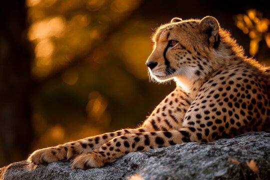 Portrait of a cheetah sunbathing on a rock