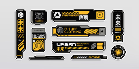 Futuristic banners set in cyberpunk style stickers with sci-fi ui elements, space control panel button, assets in techno style - editable vector template © VRTX