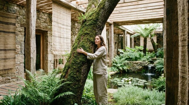 A reconnection with nature through soft green surroundings, open air, natural textures and a serene restorative atmosphere, ultra-realistic, no logos.