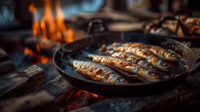 Small whole fish are pan-frying to a crisp golden brown in a cast-iron skillet over a glowing campfire, sending up swirls of steam and smoke.