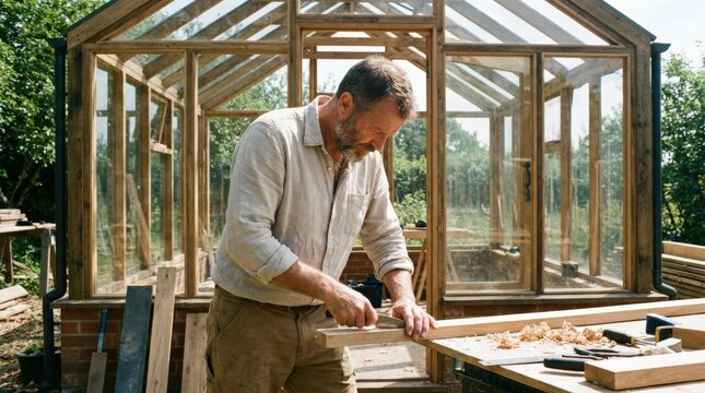 An eco-conscious carpenter crafting a sustainable greenhouse with refined woodwork, measured cuts and clean outdoor daylight, ultra-realistic, no logos.