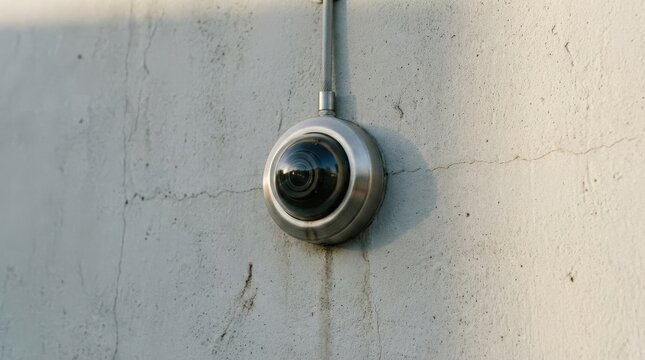 A close-up surveillance lens against a minimalist exterior wall, crisp detail, subtle shadows and a silent vigilant mood, ultra-realistic, no logos.