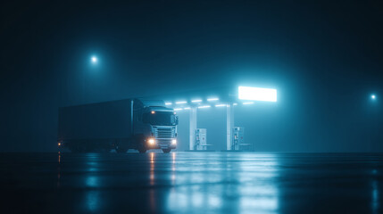 Naklejka premium Truck at illuminated gas station night
