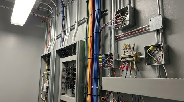 Electrical wiring and installation details in close-up, bundled cables, connectors and structured routing revealing technical skill and connection, clean utility-room lighting, ultra-realistic, no