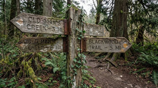 An old signpost standing outdoors, weathered wood, faded markings and surrounding foliage suggesting resilience, history and nature&rsquo;s embrace, ultra-realistic, no logos.