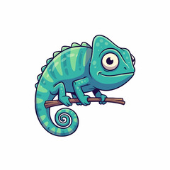 Obraz premium Cute green chameleon changing color on branch sticker