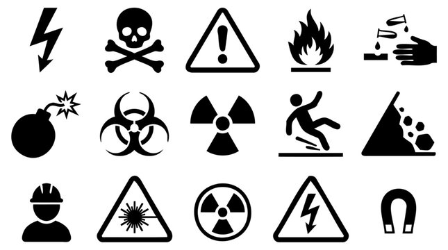 Professional vector illustration displaying a collection of essential safety hazard warning signs and industrial caution icons for workplace compliance and universal emergency messaging systems
