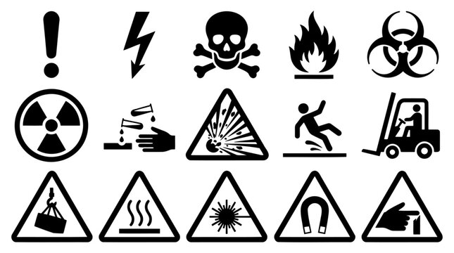 Professional set of black hazard warning icons including chemical biological radiation electrical explosive and heavy machinery symbols for industrial safety and workplace signage design