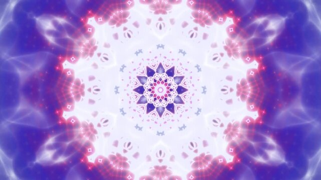Pink and purple glowing mandala kaleidoscope with soft light and symmetry. Seamless loop background perfect for meditation visuals, relaxation themes, and abstract design.