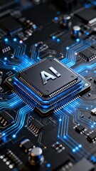 Fototapeta premium AI chip on circuit board with glowing blue lights