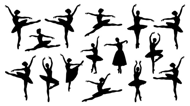 Elegant vector illustration featuring a diverse collection of graceful ballerina silhouettes showcasing various classic ballet dance poses and artistic movements.