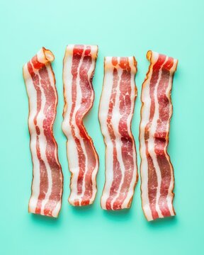 Close up of delicious streaky bacon strips on teal background
