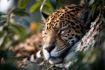 Obraz premium Portrait of a jaguar sleeping in a tree