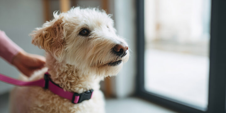 Curly white dog with pink collar indoors