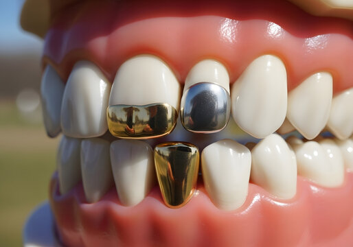 Close-up view of a dental model with gold and silver dental grills on teeth