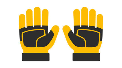 Modern flat vector icon illustration of a pair of yellow and black padded work gloves, safety equipment for construction, gardening, and industrial labor, isolated on a white background. © Rahul