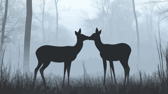 Silhouetted deer in a misty forest, with trees and soft shades of gray and blue