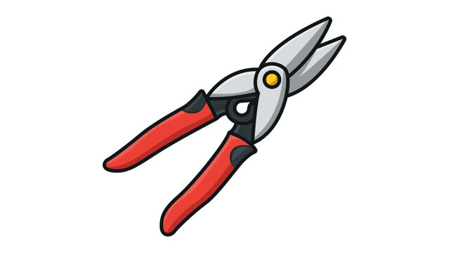 Tin snips vector icon illustration. Modern flat design of metal cutting shears with red handles and sharp steel blades, isolated on a white background for construction, hardware, and DIY tools.