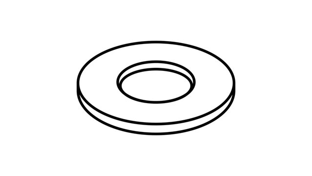 Minimalist Flat Round Washer Ring Vector Icon with Editable Stroke. Clean Hand-Drawn Black Line Illustration on White Background for Industrial, Hardware, and Mechanical Engineering Design Projects.