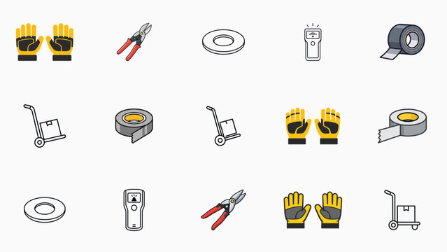 Vector Icon Set of 15 Hand-Traced Construction and Logistics Tools: Hand Truck, Duct Tape, Stud Finder, Tin Snips, Work Gloves, and Washer Ring. Minimalist Line Art Bundle for DIY and Hardware.